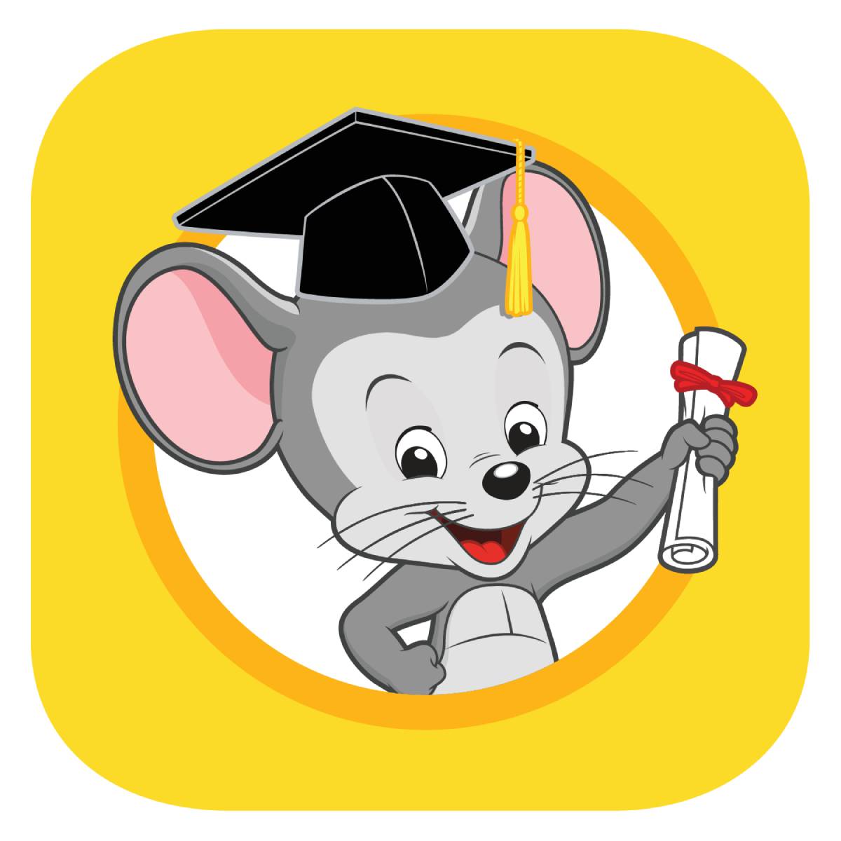 A cheerful cartoon mouse wearing a graduation cap holds a diploma, set against a bright yellow background.