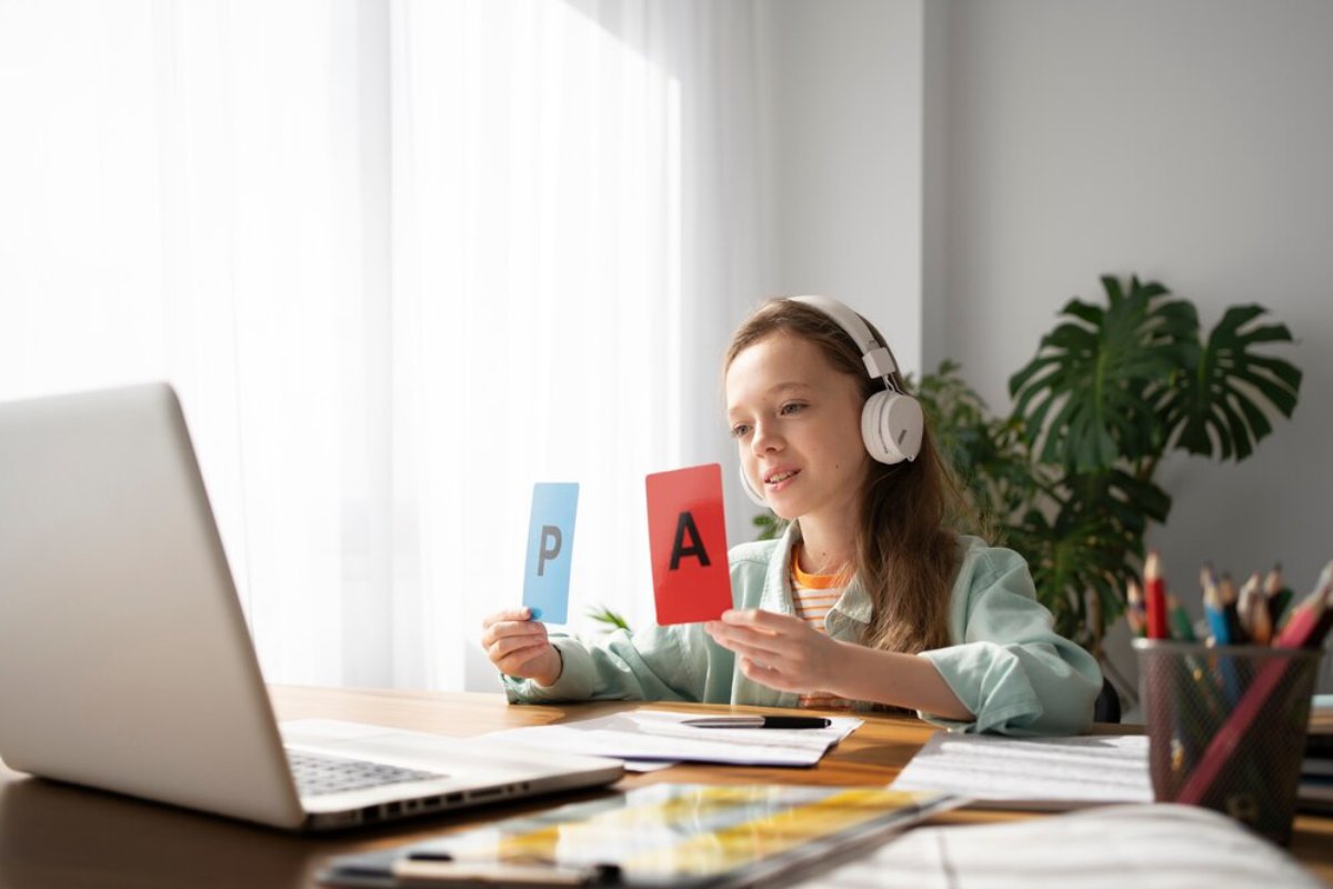A person wearing headphones holds up blue and red cards marked 