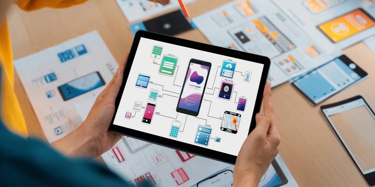 A person holding a tablet displaying a flowchart of app interfaces, surrounded by design sketches and prototypes on a workspace.