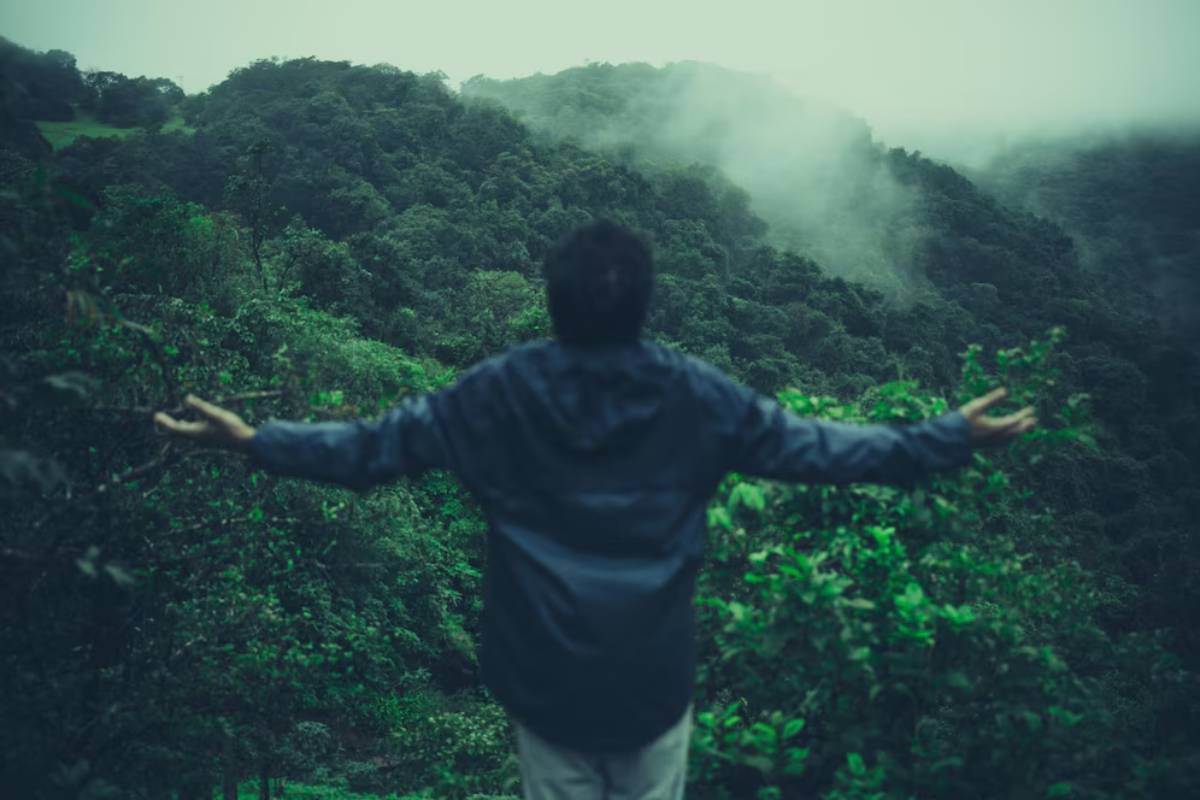 Person standing with arms outstretched, admiring a misty, lush green mountain landscape.