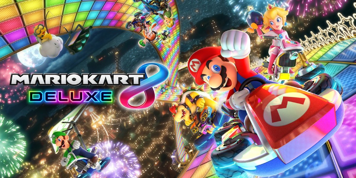 Promotional artwork for Mario Kart 8 Deluxe showing Mario and other characters racing on colorful, twisted tracks with vibrant backgrounds.