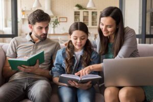 A family sits on a couch engaged in reading and study, with books and a laptop, in a cozy, softly lit living room.