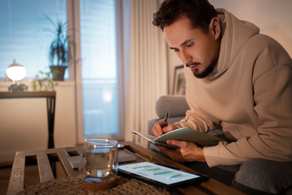 A person sits on a couch, writing in a notebook, with a tablet displaying graphs and a glass of water on the table. A lamp illuminates the scene.
